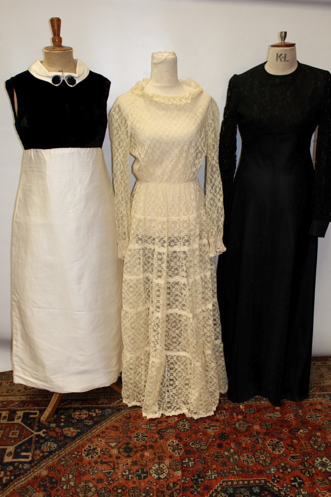 Ladies' 1940s vintage cream lace dress full length, 1960s empire line evening dress black and cream,