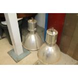 Pair brushed aluminium industrial hanging lamps,