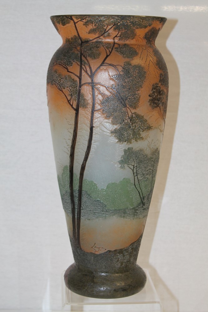 Legras cameo glass vase decorated with trees and lake, marked - Legras,