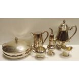 6 pce of silver plate, serving dish , tea, coffee pot etc.