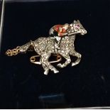 Horse Pave; Set with Diamonds with Enameled Jockey and Ruby Set Eye,