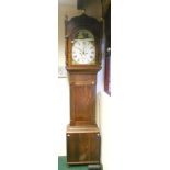 An antique oak and mahogany longcase clock, the 13" painted arch dial with seconds dial and date