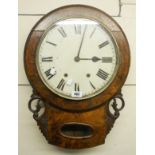 A Victorian figured walnut cased drop-dial wall clock with flanking pierced decoration and gong