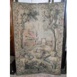 An 8' antique four fold dressing screen with two tapestry panels depicting rural scenes within