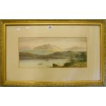 L. Lewis: a gilt framed watercolour, depicting a highland lake scene with boats and figures in