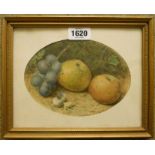 William Henry Hunt: a gilt framed watercolour still life with fruit and snail shell on a mossy