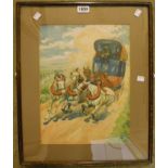 Bartram Gilbert: a framed watercolour, depicting a speeding English stagecoach with town in distance