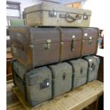 A vellum clad suitcase - sold with a canvas clad and bentwood bound travelling trunk, and another