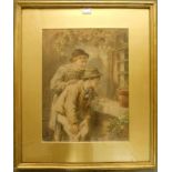 Louis Huard: a gilt framed and slipped watercolour of two peeping toms - 18 3/4" x 14 1/4"