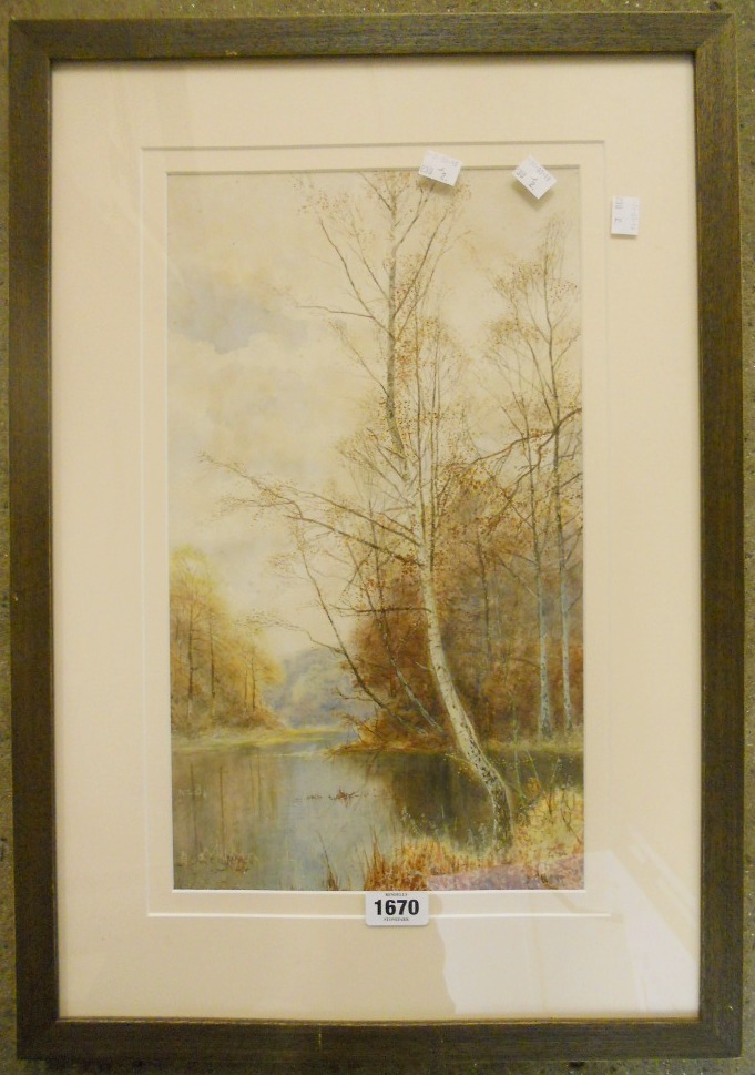 V. Allen: a framed watercolours, depicting silver birches on a river bank - 17 1/4" x 10"