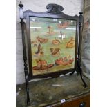 An early 20th Century stained walnut firescreen with polychrome Louis Wain cats on a river print