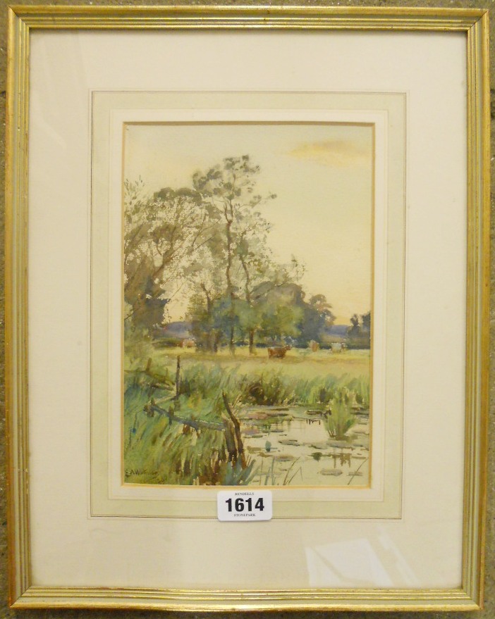 Sir Ernest Albert Waterlow: a gilt framed watercolour, view with cattle in a river meadow - signed