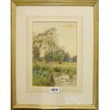 Sir Ernest Albert Waterlow: a gilt framed watercolour, view with cattle in a river meadow - signed