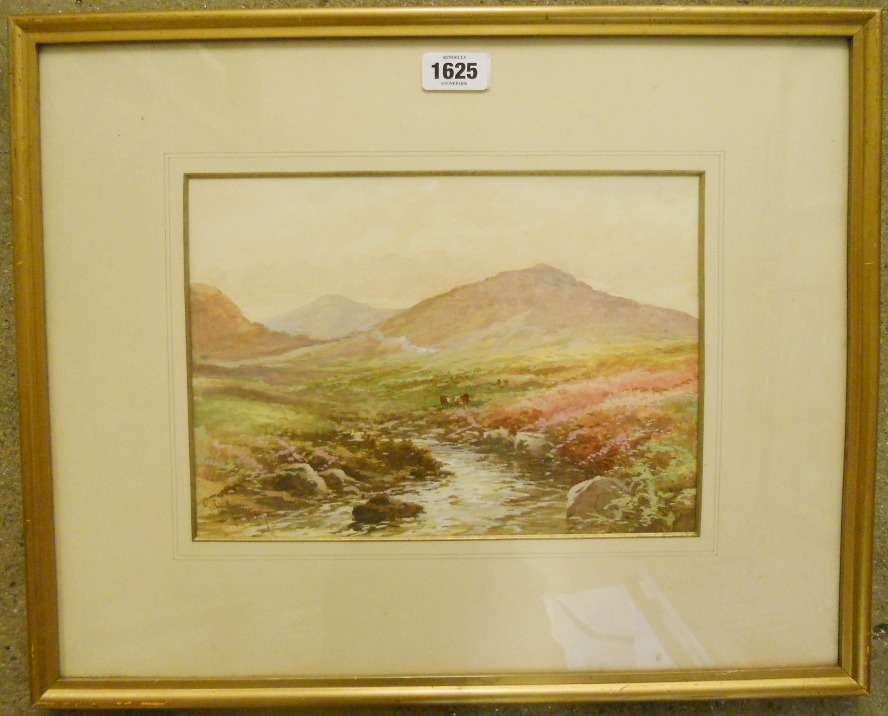 George Henry Jenkins: a gilt framed watercolour of cattle by a moorland stream - 8 3/4" x 12"