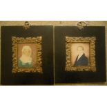 A pair of antique gilt metal mounted black lacquered papier mache framed portrait miniatures of a