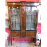 A 3' 6" Edwardian mahogany and chevron veneered display cabinet with applied decoration, material