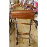 A reproduction hardwood valet stand with trinket compartment and two short drawers to top, trouser
