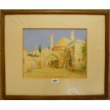 James Greig: a framed watercolour, depicting figures in a Middle Eastern courtyard - signed - 10 3/