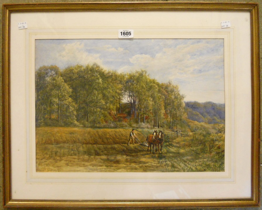 Edmund G. Warren: a framed watercolour of a ploughing scene with woodland in background - 13" x 18