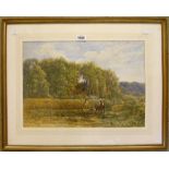 Edmund G. Warren: a framed watercolour of a ploughing scene with woodland in background - 13" x 18