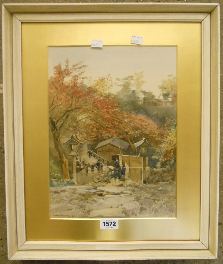 John Varley: a framed and gilt slipped watercolour depicting figures in a Japanese landscape -