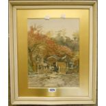 John Varley: a framed and gilt slipped watercolour depicting figures in a Japanese landscape -