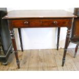 A 31" early Victorian mahogany side table with single frieze drawer, set on turned front legs