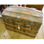 A 30½" Victorian metal and wood bound dome top travelling trunk with tray fitted interior and