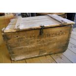A vintage pine wine crate with hinged lift top and marked for Hedges & Butler Ltd, Wine Merchants,
