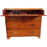 A 3' 6" campaign style two part chest with fitted secretaire drawer to top, two short and two long