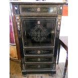 A 27" 19th Century French ebonised secretaire chest with marble top, ornate inlaid brass floral
