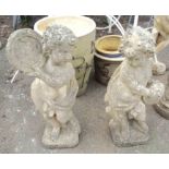 Two 28" concrete garden statues in the form of cherubs with cymbals and tambourine