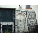 A 10' 4" wide galvanised and painted secret garden gateway and 3' 3" gate with scroll decoration