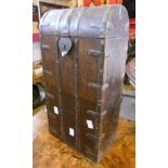 A Spanish style metal bound stained hardwood bottle case with dome lift-top