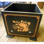 A pair of 18" painted wood decorative square planters with applied brass rims and floral spray