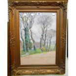 J. Heseldin: a gilt framed pastel depicting a stand of trees beside a country lane