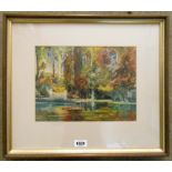 T. E. Mostyn: a framed watercolour depicting a lake and garden view with a figure - inscribed to the
