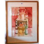 Sam Dodwell R. I.: a framed watercolour still life with large copper kettle, wine bottles and