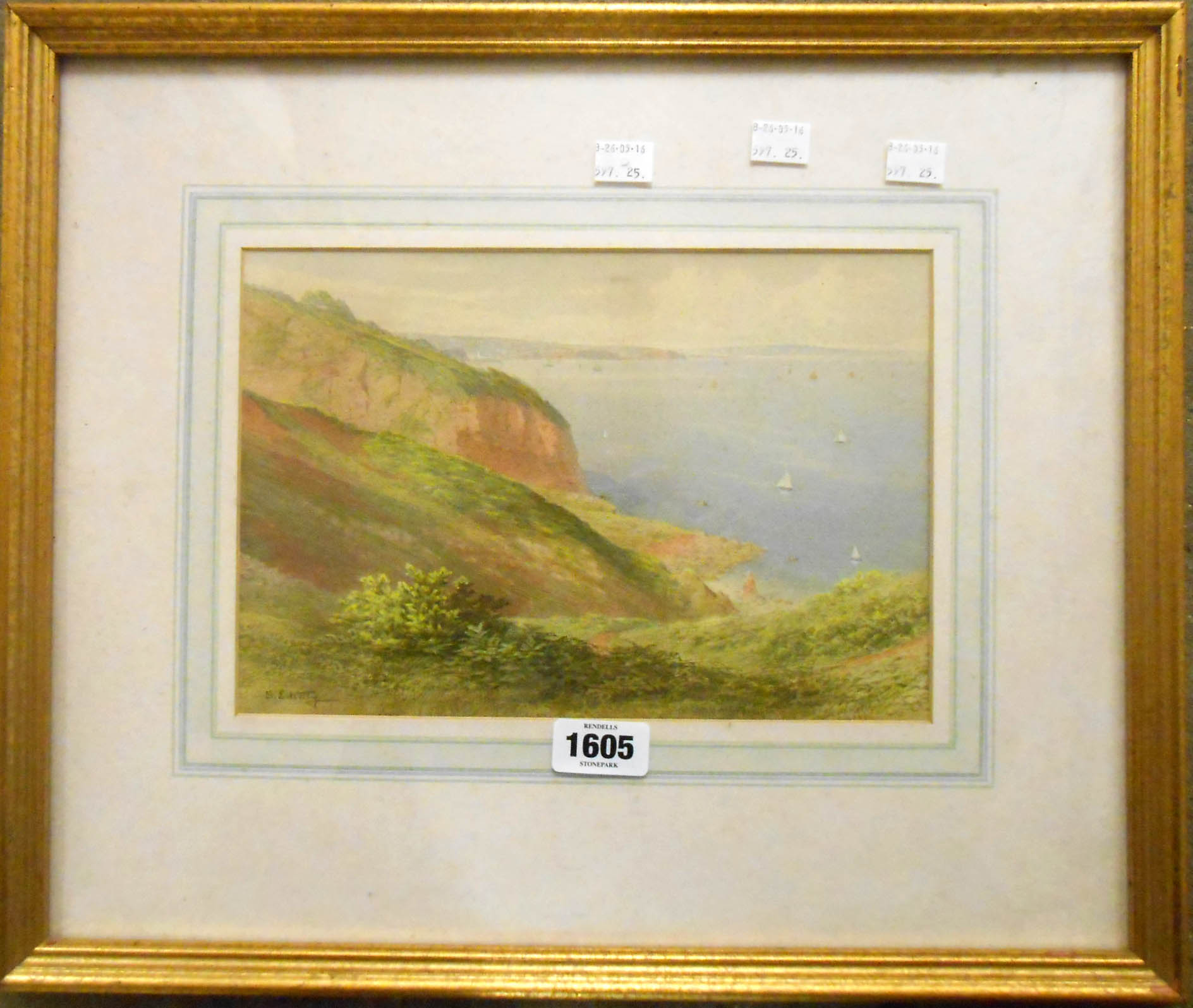 S. E. Kelly: a gilt framed watercolour depicting a view from cliffs overlooking Torbay - 7¼" X 10¾"