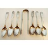 A set of six Georgian silver fiddle pattern teaspoons - a/f - sold with a pair of Georgian Newcastle