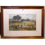 Arthur Netherwood: a gilt framed watercolour depicting a milkmaid on a footpath with farmstead and