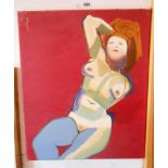 Sam Dodwell R. I.: an unframed oil on canvas modernist nude female study on burgundy ground - 24"