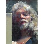 R.O. Lenkiewicz: a typical black framed oil on card entitled Study, R.O. Lenkiewicz Self-Portrait at