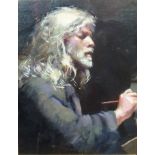 R.O. Lenkiewicz: a typical black framed oil on card entitled The Painter Self-Portrait Profile at