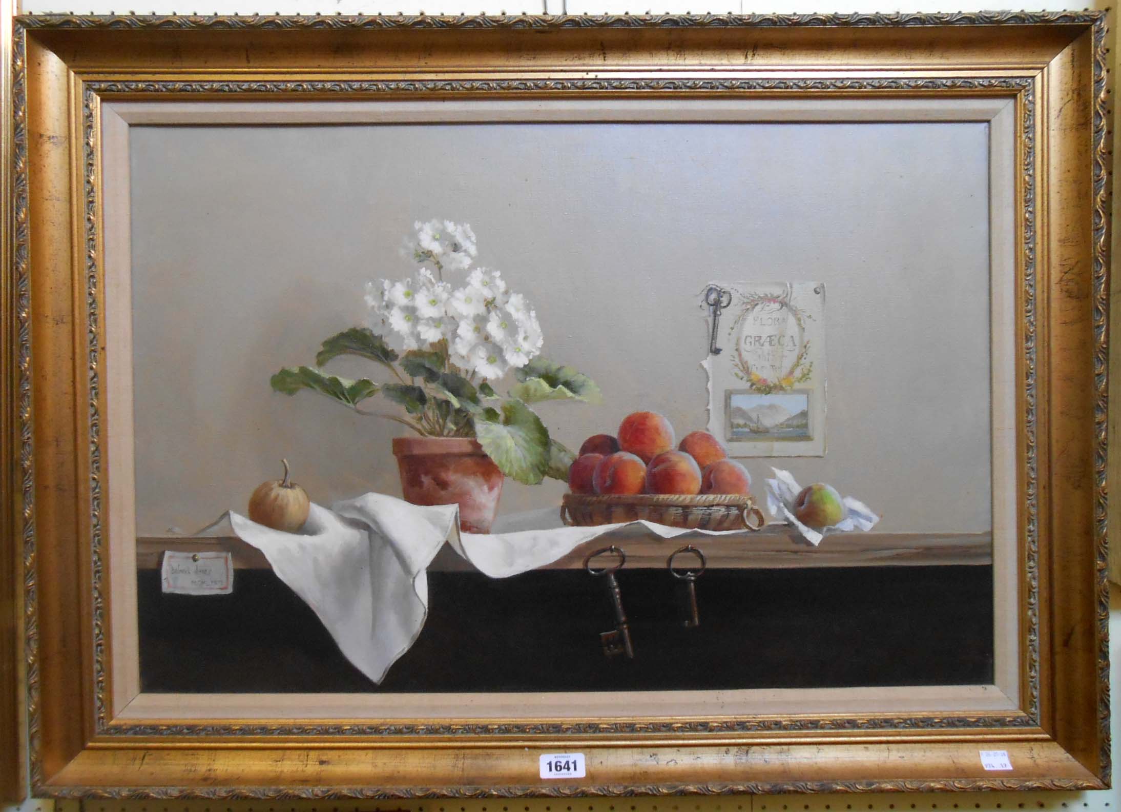 Deborah Jones: a gilt framed oil on canvas, still life with shelf, potted plant and basket of