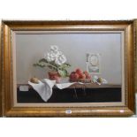 Deborah Jones: a gilt framed oil on canvas, still life with shelf, potted plant and basket of