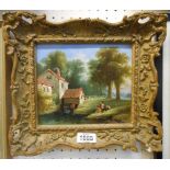 An ornate gilt framed oil on panel, depicting children fishing beside a stream with water mill