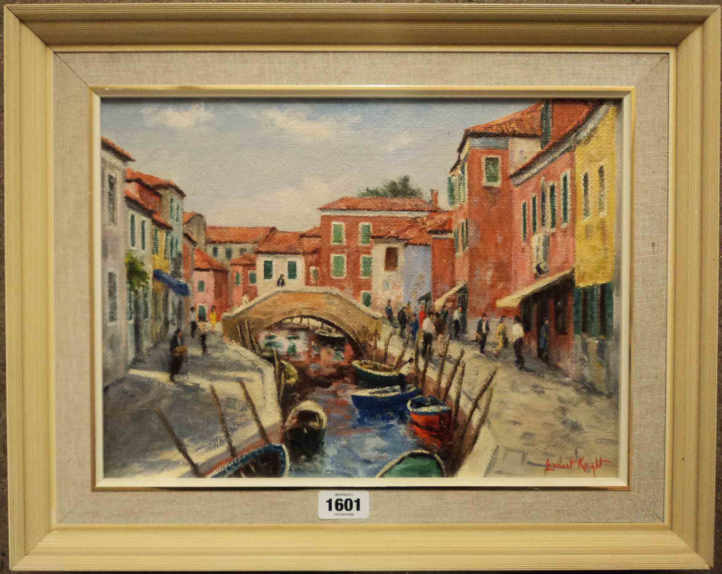 Ernest Knight: a framed oil on canvas depicting a canal scene on Burano, Venice - 11¼" X 15½"