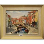 Ernest Knight: a framed oil on canvas depicting a canal scene on Burano, Venice - 11¼" X 15½"