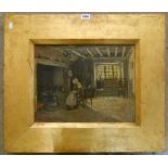 William Staples Drown: a rustic wide gilt oak framed oil on canvas farmhouse kitchen scene